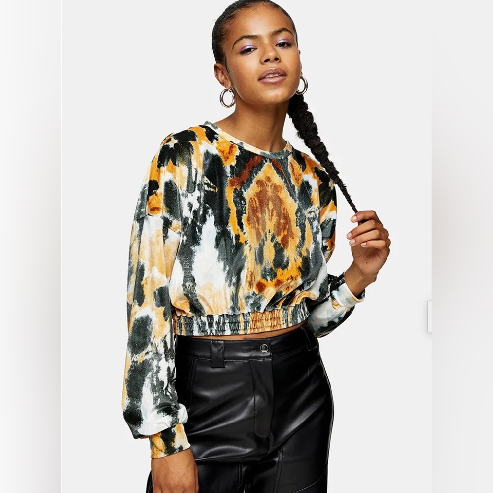Topshop black and multi color tie dye stretchy velour top sweatshirt sz 6